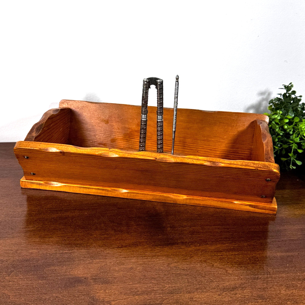 Vintage Handcrafted Wood Nut Cracker Bowl w/ 1 Crackers & 1 Pick Tray Box 7x13